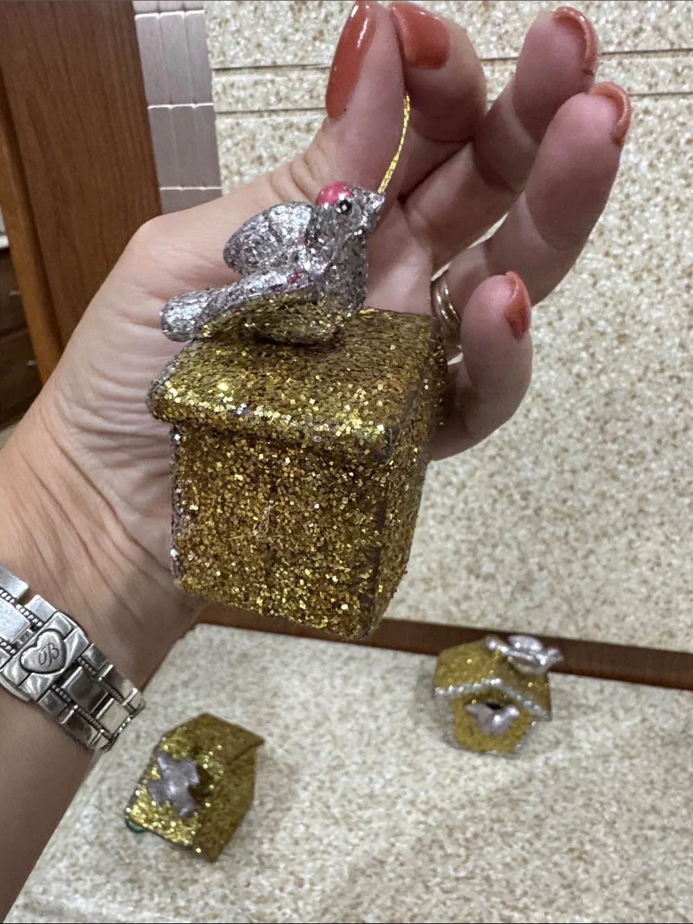 Vintage Gold & Silver Glitter Birdhouse Holiday Ornaments set 3